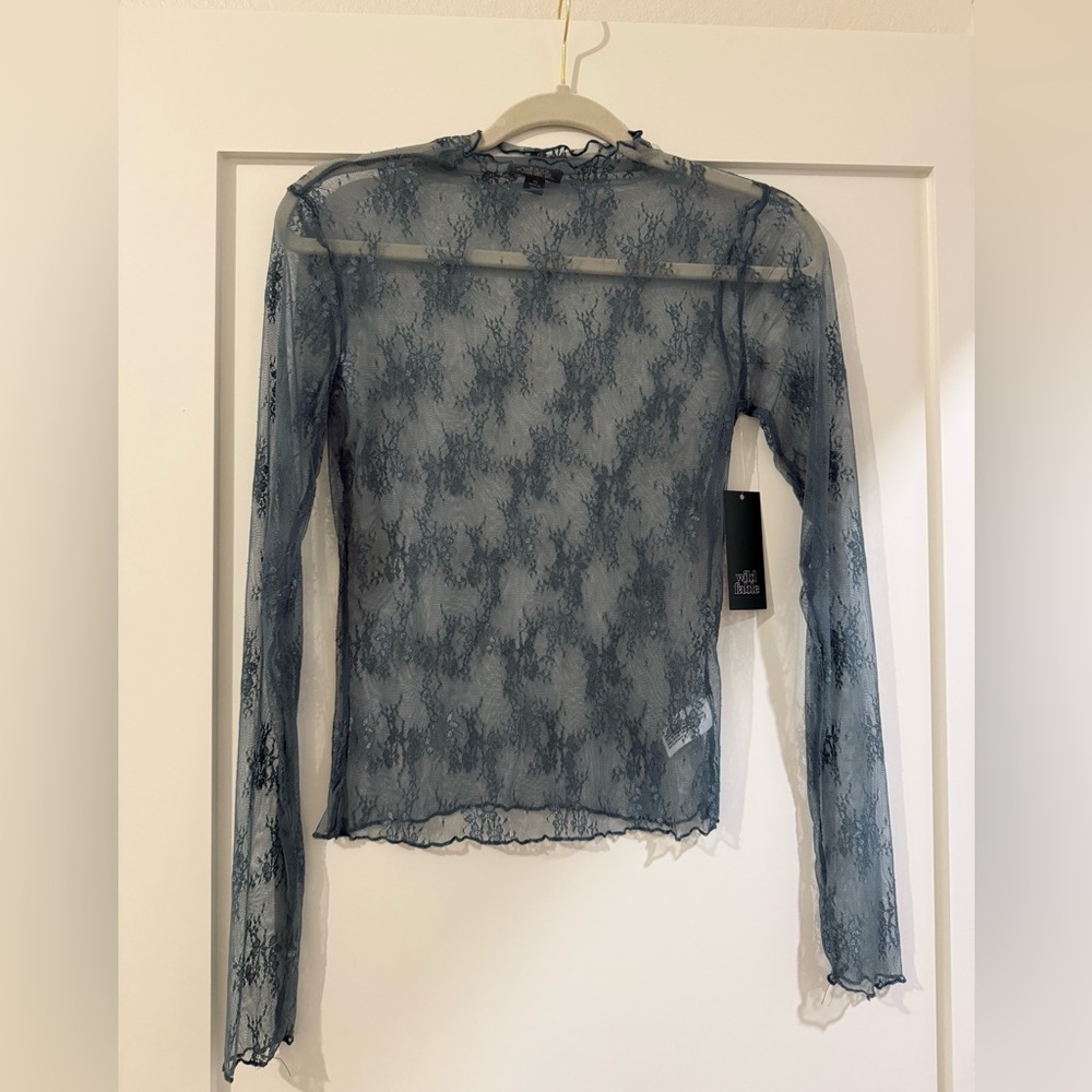 NWT Sheer Lace Long Sleeve Top - Blue